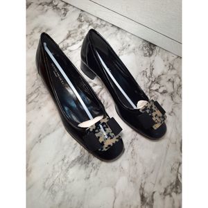 Sesto Muecci Hugga Low Heel Patent Pumps Black Crossgrain Bow Leather Sz.9 Italy